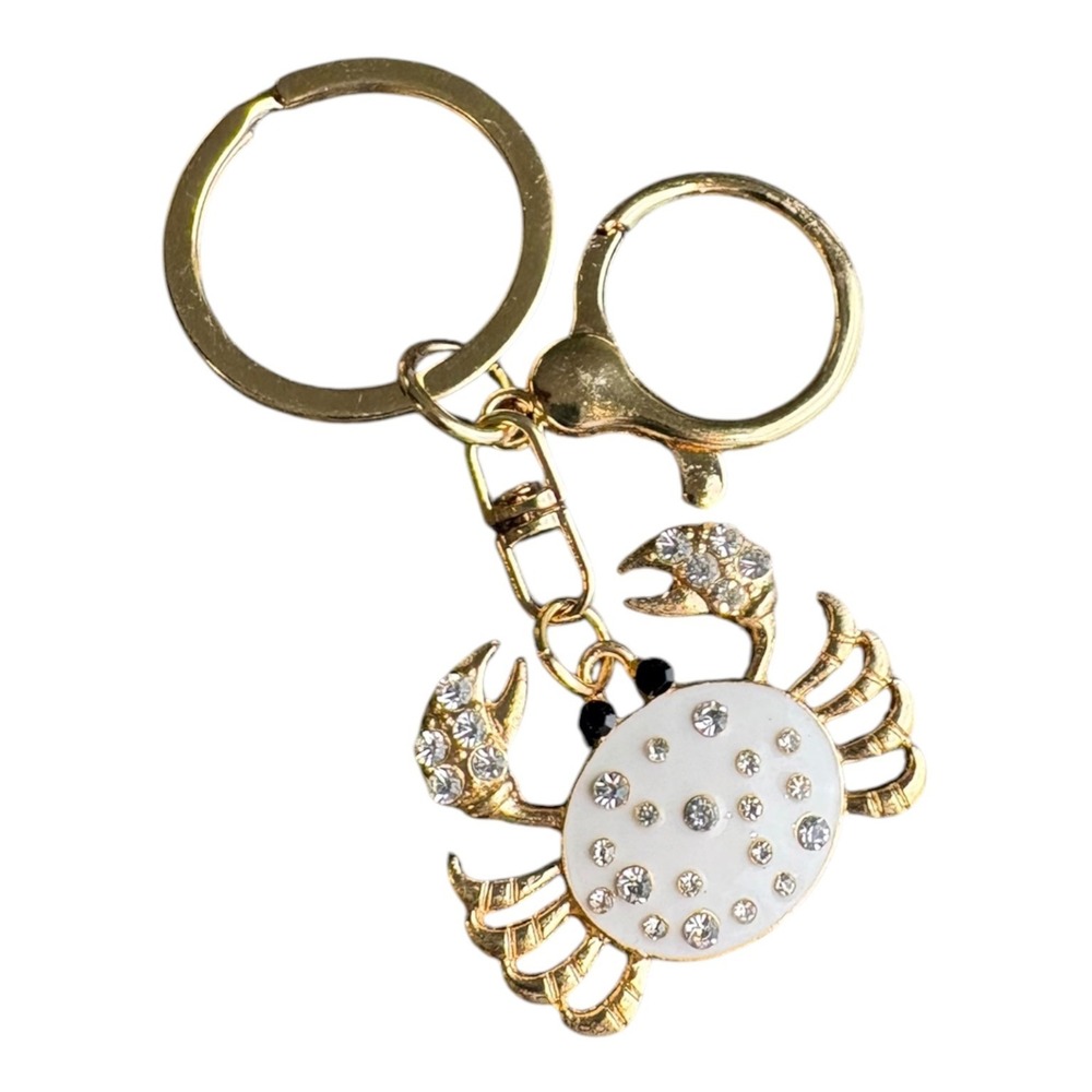 Women's Gold White Clear Rhinestone Crab Charm Key Chain 3" Lobster Clasp